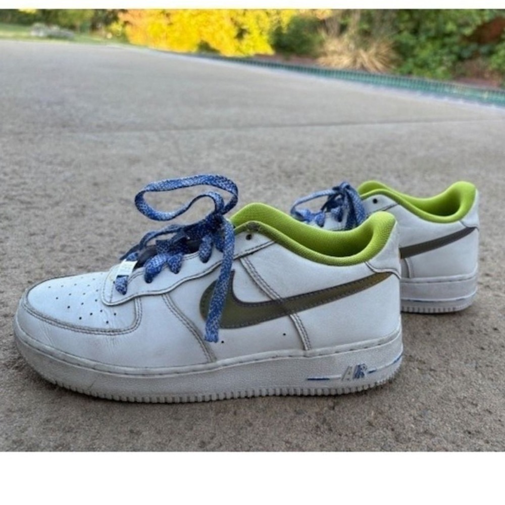 Nike Air Force 1 Low Kids White Iridescent Swoosh Neon Green Blue Laces 6Y